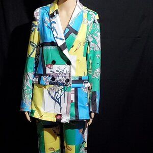 Casual Blazer and Pants Set (Green Multi-Print) available in Plus Sizes